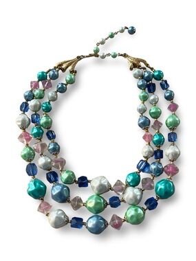 Vintage TARA Mid-Century Triple Strand Moonglow Lucite Bead Necklace Pastel